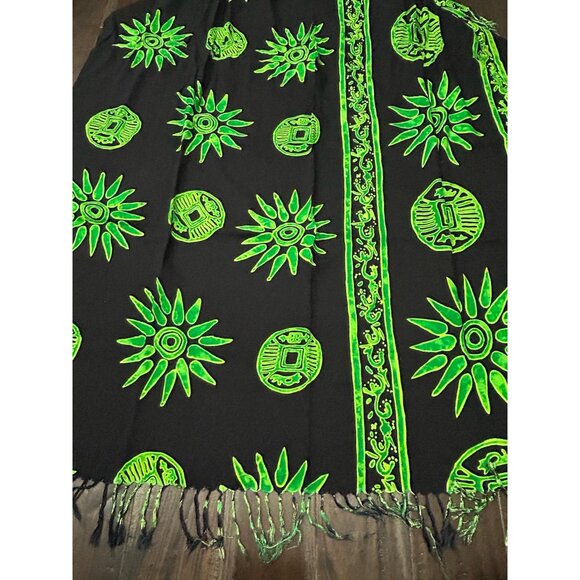 Koko Knot Black Green Rayon Scarf With Fringe Detail Batik Pattern - Picture 3 of 8